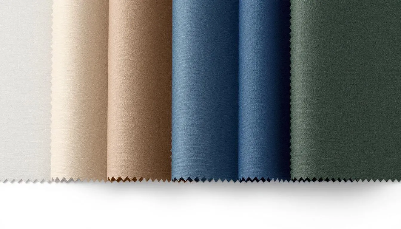 The image displays a comparison of various colored solar shade fabrics, highlighting their unique texture variations. Each fabric showcases a clean look and durable material, ideal for windows in different spaces of the home.