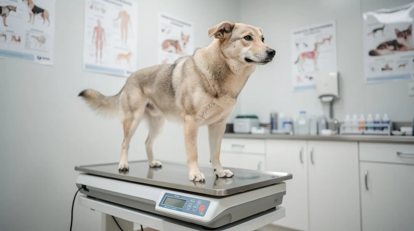 A medium-sized dog stands on a veterinary weighing scale in a clinic, ready for a check-up. The image highlights the importance of monitoring a dog's weight for determining the right CBD dosage and ensuring their overall well-being.