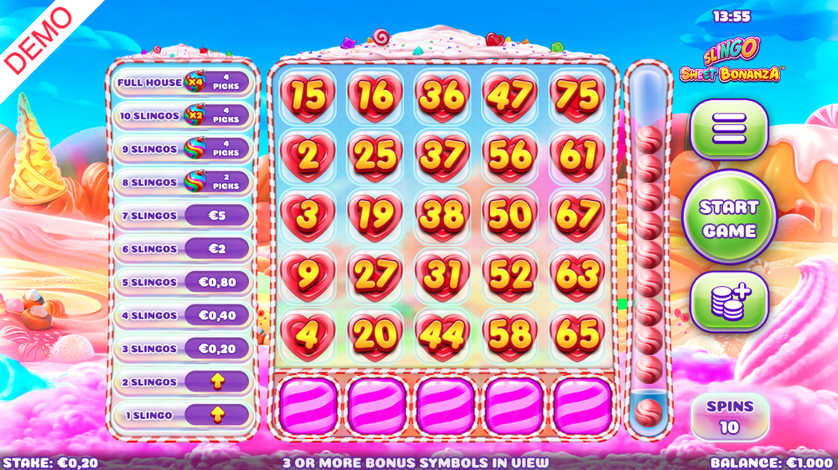 Slingo Sweet Bonanza met bingokaart, nummers en het kleurrijke snoepthema van Sweet Bonanza.