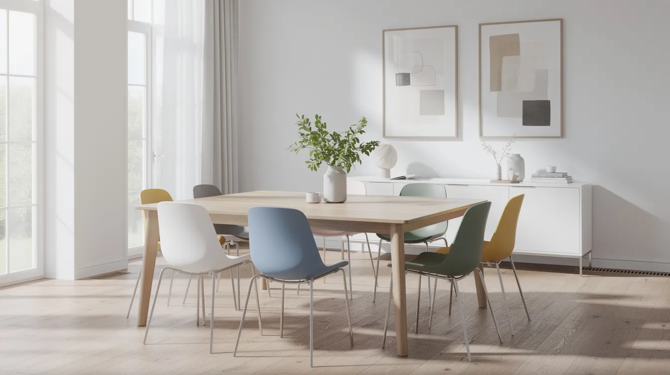En skandinavisk matsal med ett ljust matbord omgiven av moderna plaststolar i olika färger som röd, svart och beige. Stolarna är lätta och bekväma, vilket gör dem perfekta för både inomhus- och utomhusbruk.