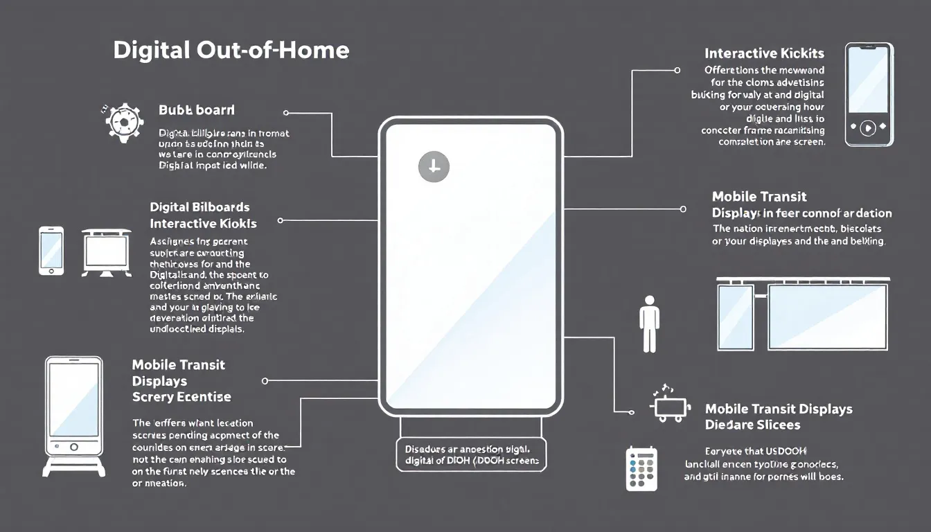 The image illustrates various digital out of home (DOOH) advertising methods, featuring vibrant digital billboards and interactive screens located in high traffic areas like shopping malls and bus shelters. These digital displays are designed to engage audiences with dynamic content and relevant messaging, enhancing brand visibility and awareness in outdoor advertising.