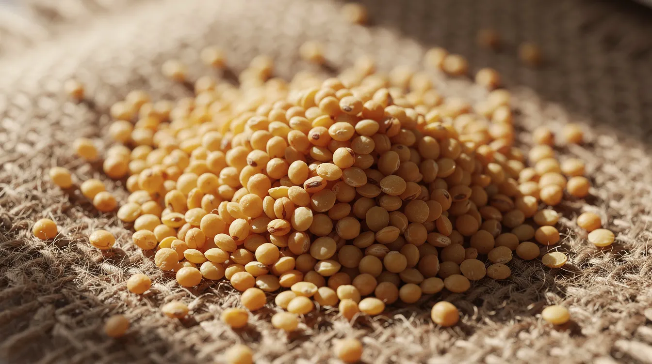 The image shows golden chana dal grains spread out on a jute surface, illuminated by natural light, highlighting their rich color and texture. This raw material is essential for the production of besan, a very important ingredient in the food processing industry.