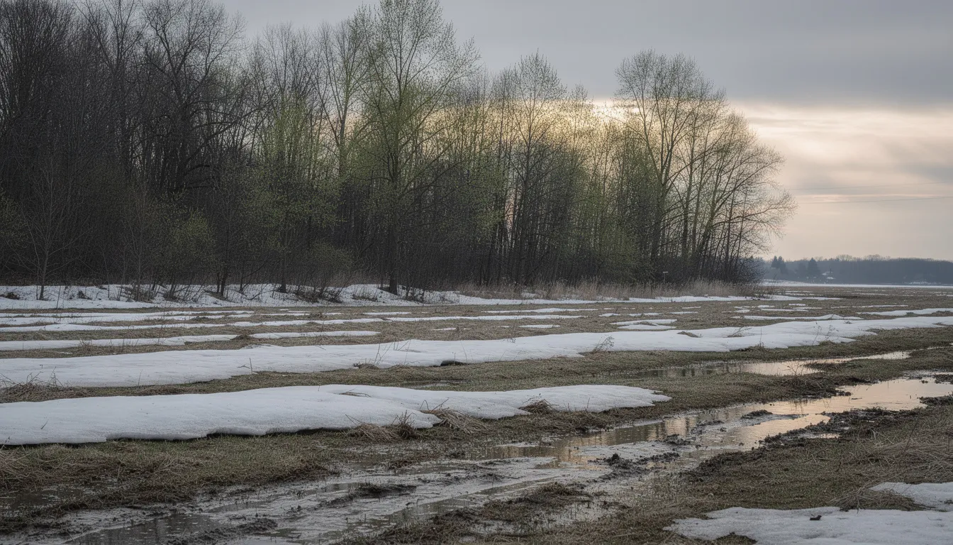 The image depicts a Michigan landscape in early spring, featuring bare trees starting to bud, patches of lingering snow, and a gray sky with sunlight beginning to break through. This seasonal transition can evoke feelings of springtime anxiety for some, as the shift in weather and daylight hours affects mood and energy levels.