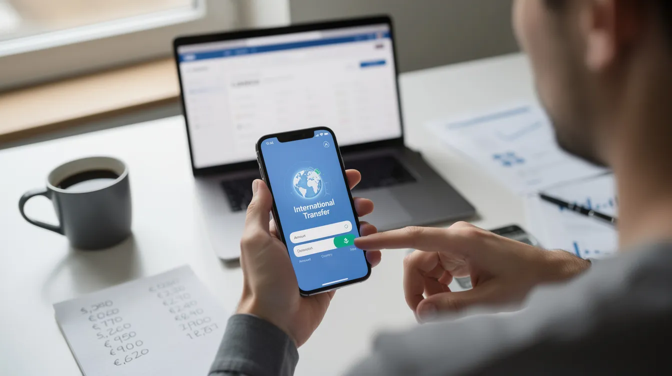 A person is sitting at a desk, using a smartphone to send an international money transfer, likely accessing a banking app to manage their financial transactions. The individual appears focused on the screen, possibly checking exchange rates and entering the recipient's account details for the transfer.