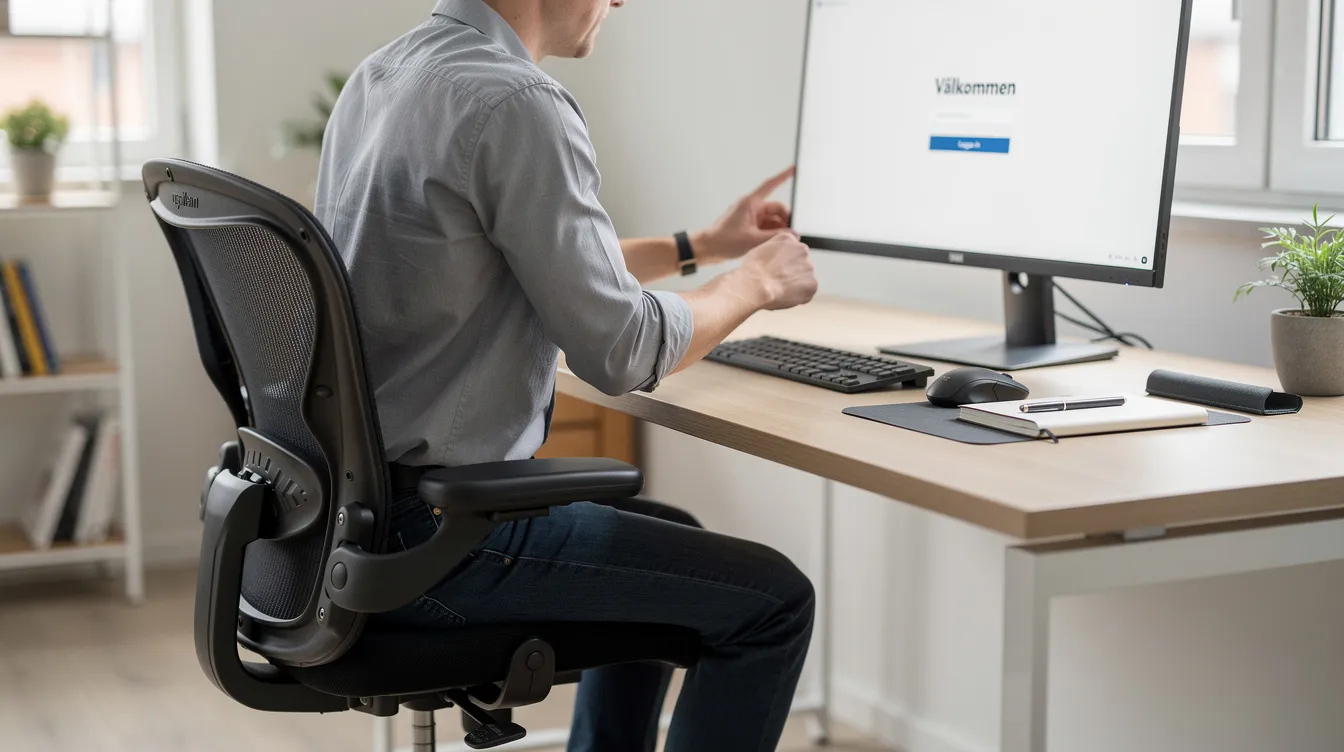 En person justerar ryggstödet på en ergonomisk kontorsstol vid ett skrivbord, vilket visar vikten av att anpassa stolen för att få rätt stöd och komfort under långa arbetsdagar. Stolen har flera justerbara funktioner som gör att den kan anpassas efter kroppens behov.
