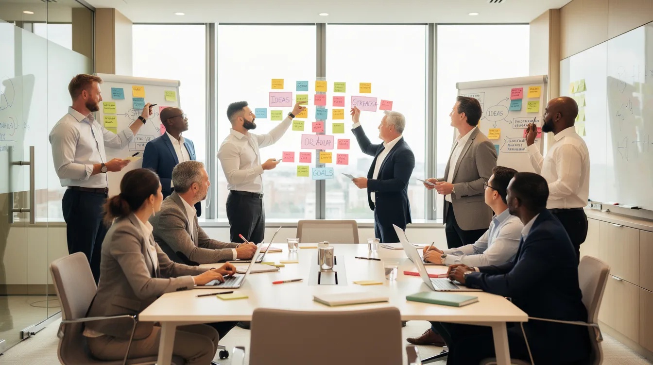 A professional team is engaged in a collaborative workshop in a bright conference room, utilizing sticky notes and whiteboards to brainstorm solutions for addressing the cybersecurity skills gap. This interactive session highlights the importance of developing critical skills among cybersecurity professionals to combat the growing demand for qualified talent in the global cybersecurity workforce.