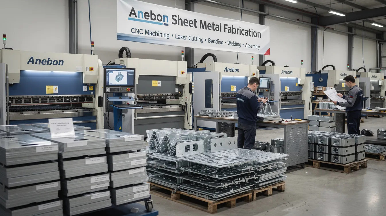 The image showcases various sheet metal fabrication processes and capabilities at Anebon, highlighting custom sheet metal parts made from materials like stainless steel, aluminum, and copper. It features examples of precision-formed metal components, emphasizing their durability, corrosion resistance, and the advanced techniques used, such as laser cutting and welding.