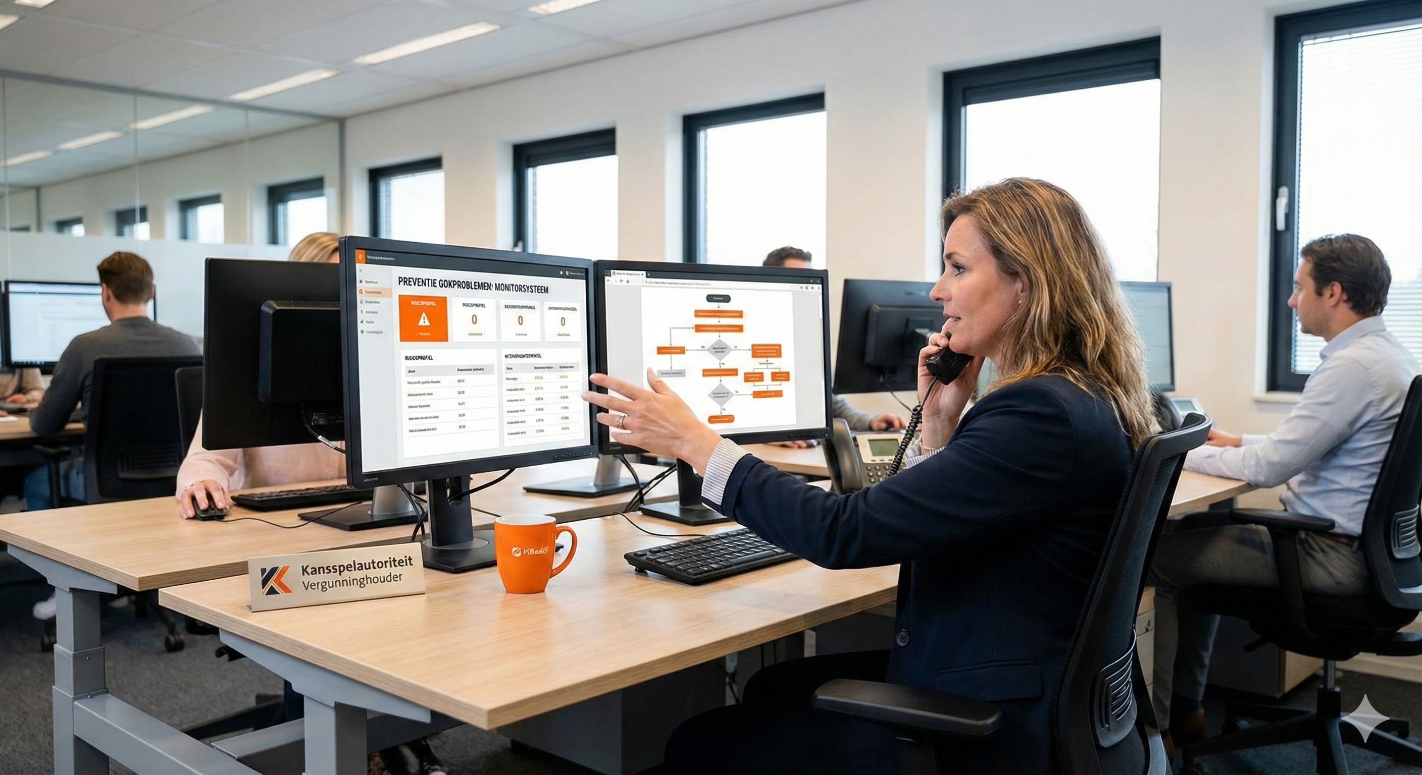 Medewerkers van de Kansspelautoriteit werken op kantoor en monitoren systemen voor gokpreventie en toezicht op legale aanbieders.