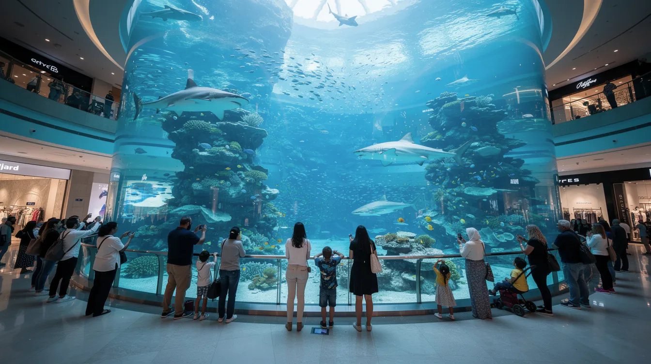 A imagem mostra o impressionante aquário de Dubai, localizado no Dubai Mall, onde diversas espécies marinhas, como tubarões e raias, nadam em um grande tanque de vidro. Os visitantes podem apreciar a vida marinha através de um túnel subaquático que proporciona uma experiência única e fascinante.