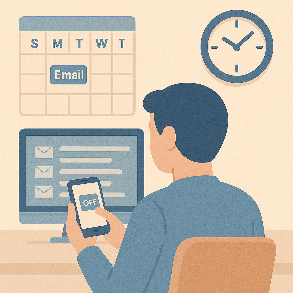 A person toggles off email notifications on phone and computer with a wall calendar and clock, illustrating time management tips to schedule time for emails and limit phone calls.