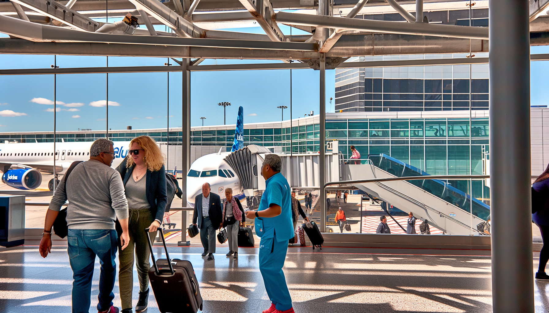 JetBlue's Terminal at LaGuardia Airport with passengers boarding