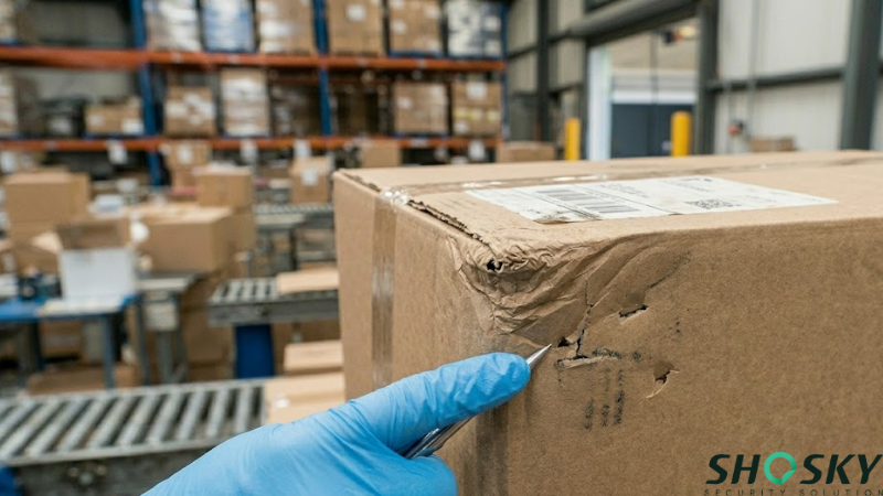 Close-up of a damaged corner and potential probe perimeters on a shipment