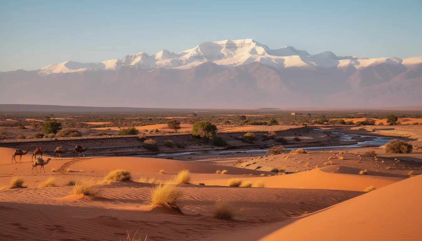 A panoramic view of the Moroccan landscape captures the stunning transition from golden desert dunes to the snow-capped peaks of the High Atlas Mountains in the distance, showcasing the diverse beauty of Morocco in February. This scene reflects the pleasant weather and mild temperatures typical of the region during this time, inviting exploration of both the desert areas and the mountainous regions.