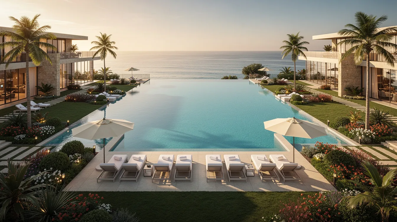 A panoramic view of a luxury resort showcases an infinity pool surrounded by sun loungers and beautifully landscaped gardens, emphasizing guest comfort and satisfaction. This scene reflects the high-quality materials and hotel equipment used to create an inviting atmosphere for guests to enjoy their experience.