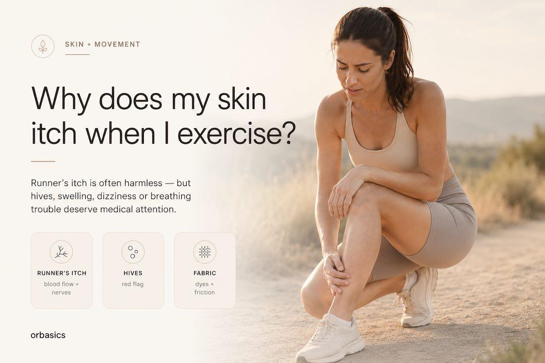 Woman pausing mid-run rubbing itchy legs, illustrating why Why Does My Skin Itch When I Exercise