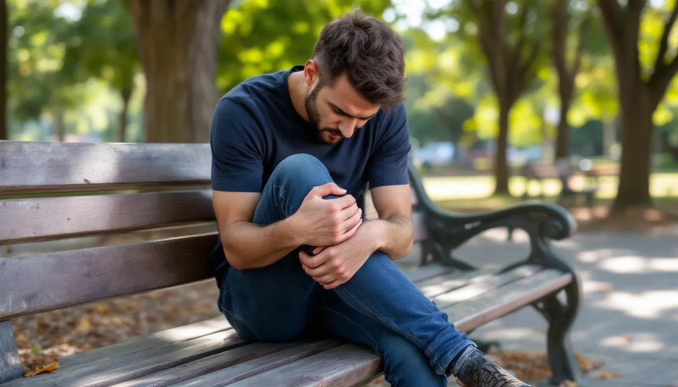 A person is sitting on a park bench, holding their knee in pain, indicating severe knee pain that may be linked to a knee injury or underlying condition. The individual appears to be struggling with discomfort, possibly related to common knee problems such as patellofemoral pain or ligament tears.