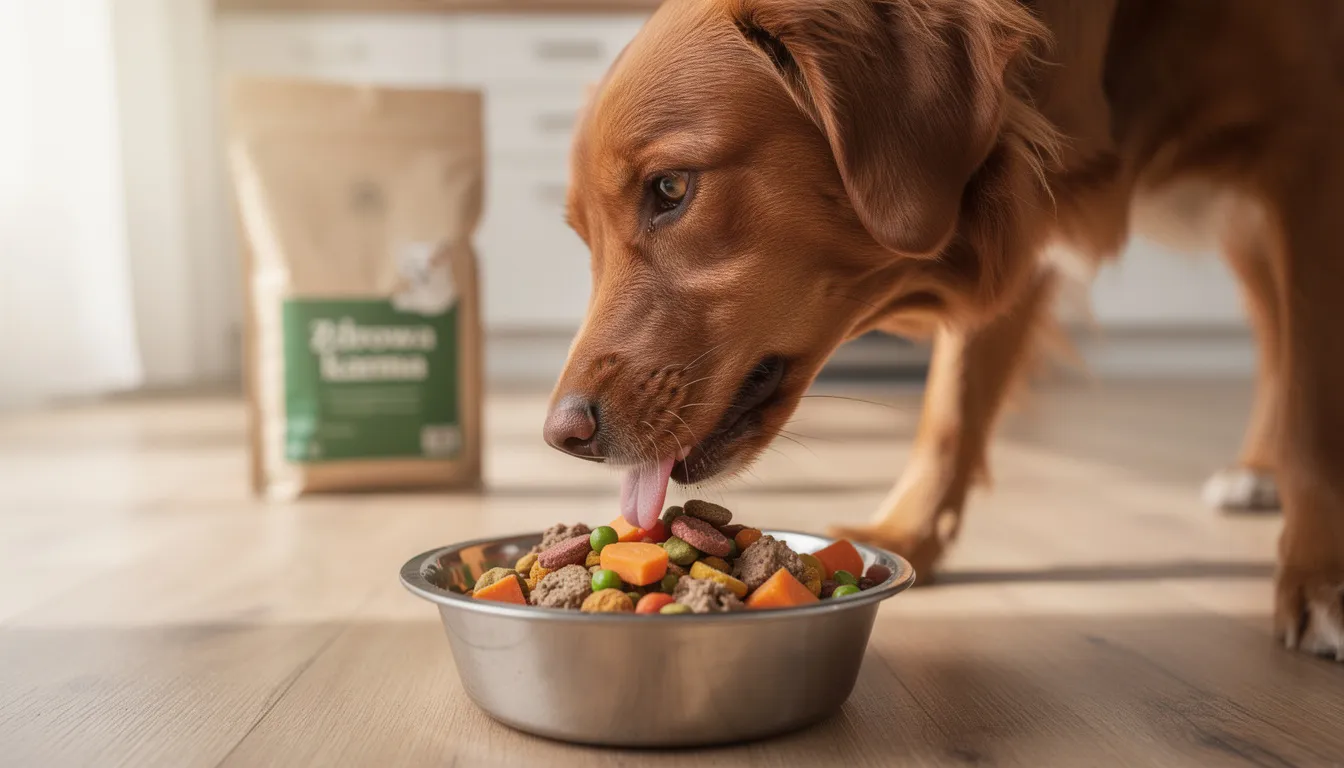 Na obrazku widać psa, który z apetytem je zdrową karmę z miski. W tle można dostrzec jego sierść, która może być narażona na różne problemy skórne, takie jak zapalenie skóry czy zmiany skórne, co może wymagać konsultacji z lekarzem weterynarii.