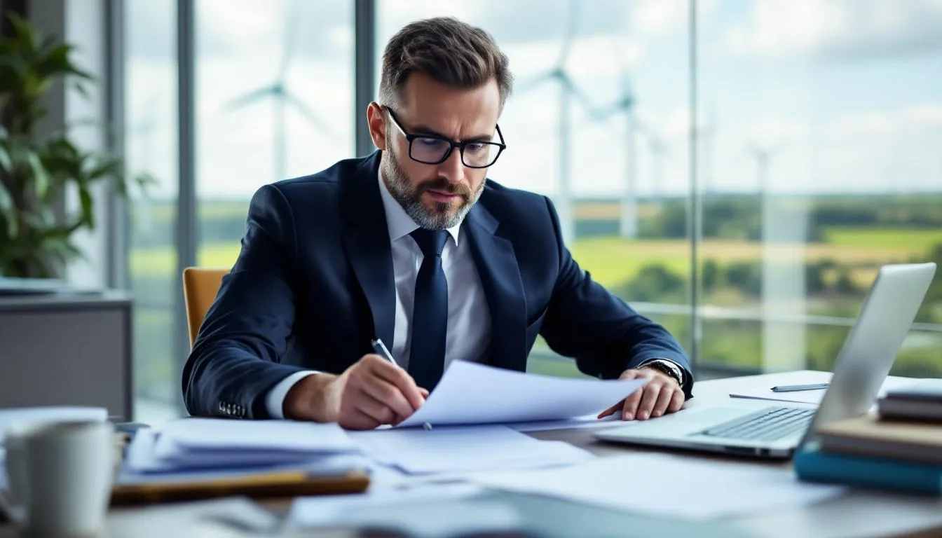 How to Hire an Attorney When Injured at Buffalo Gap Wind Farm 4 An insurance adjuster is seated at a desk, carefully reviewing documents related to an accident at a wind farm, focusing on personal injury cases and the significant damages incurred. The scene highlights the importance of seeking medical attention and understanding applicable laws while determining liability for the accident.