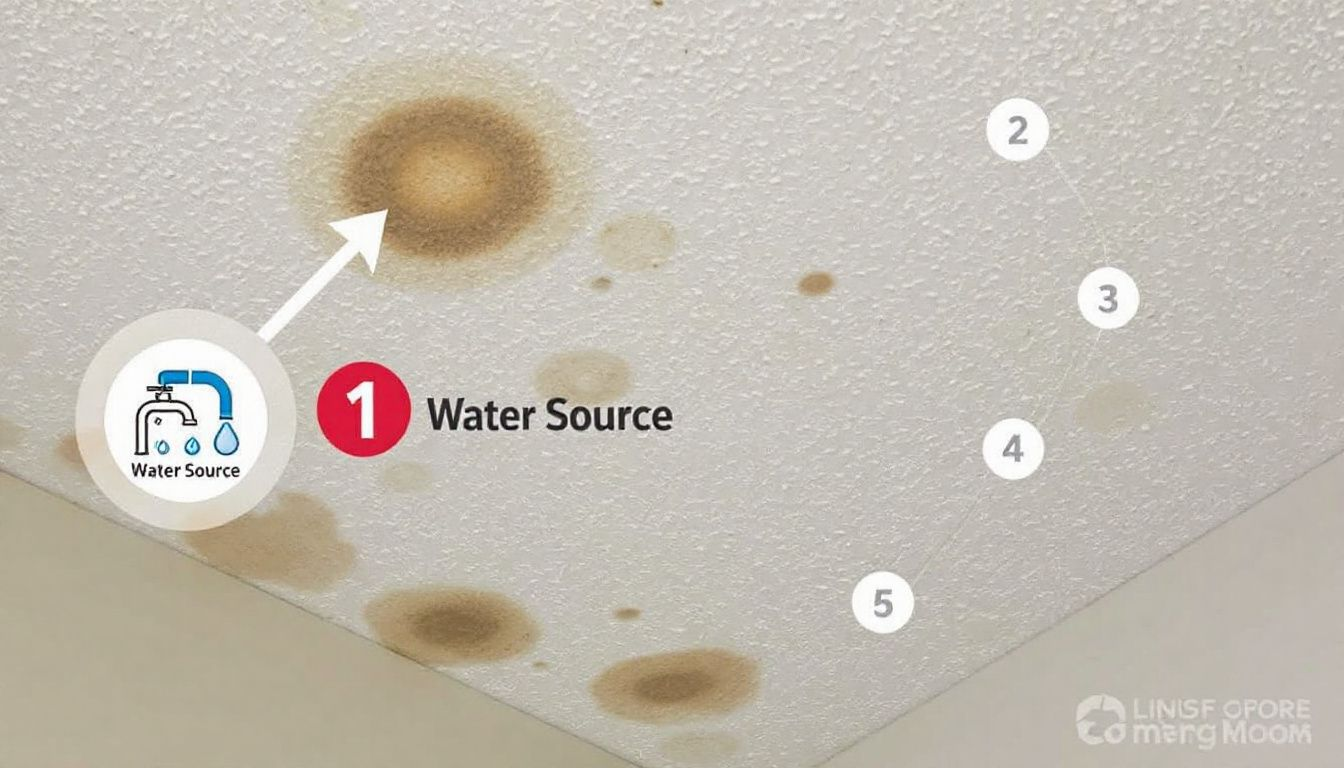 A close-up of a ceiling with water stains