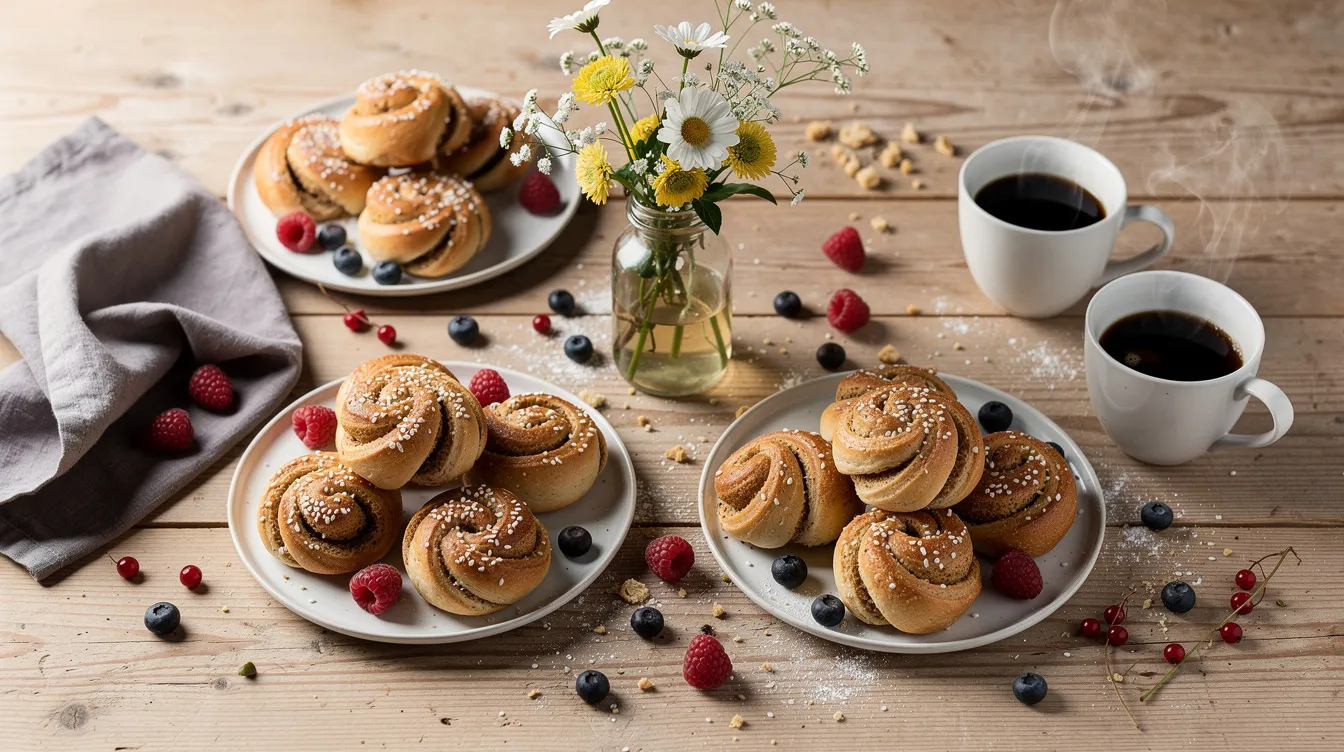 A cozy Scandinavian baking table is adorned with freshly baked buns, vibrant berries, delicate flowers, and steaming coffee cups, creating an inviting atmosphere reminiscent of a small cafe at the edge of the world. This scene embodies the joy of life and the inspiration found in simple moments, inviting one to reflect on the meaning of life and self-discovery.