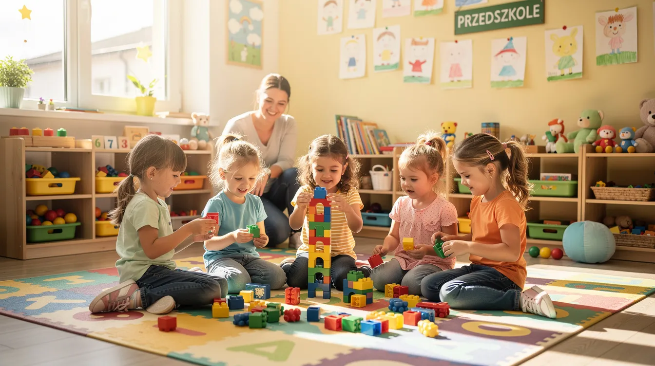 Na macie w przedszkolu bawią się dzieci, które układają kolorowe klocki, rozwijając swoją kreatywność i umiejętności konstrukcyjne. W tle widać różnorodne kąciki tematyczne, które zachęcają maluchy do odkrywania nowych zainteresowań i zabawy.