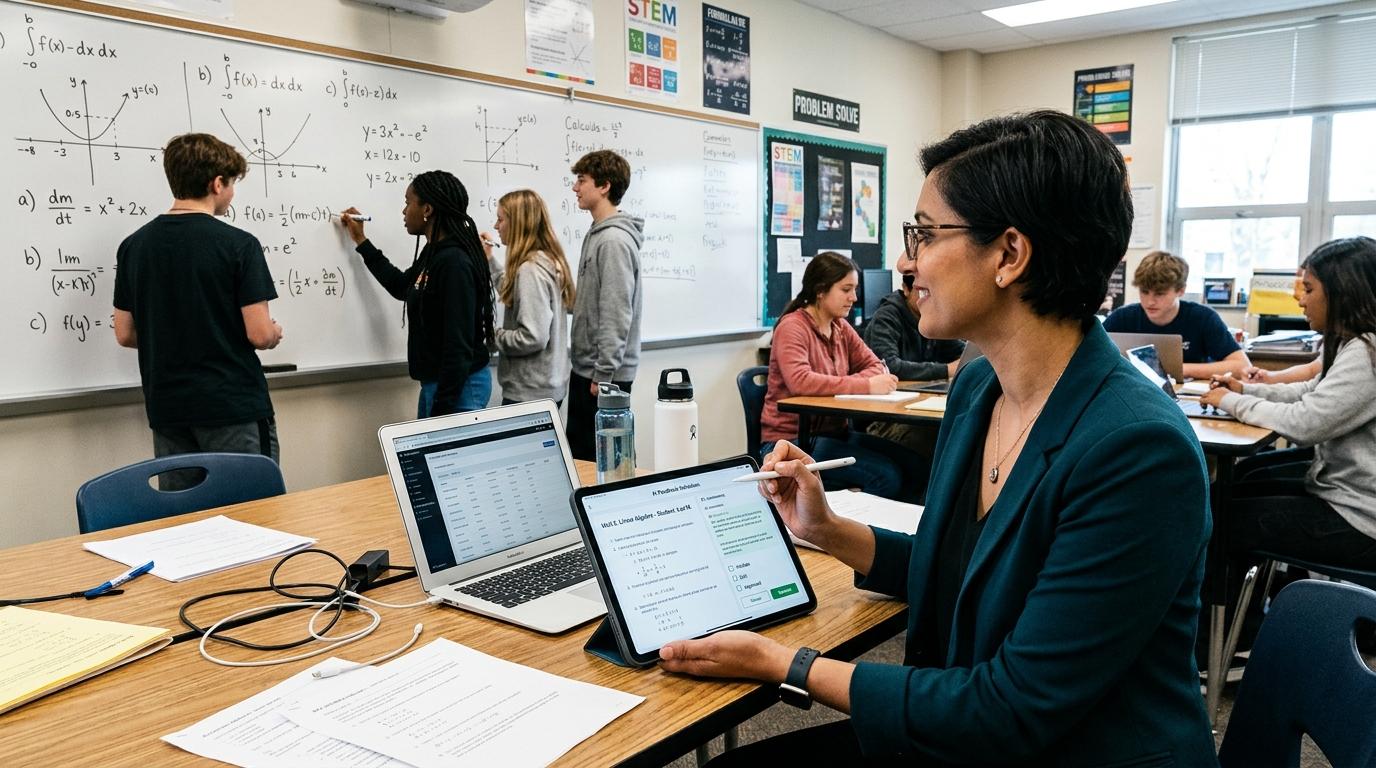 Modern educator validating AI-generated feedback on completed student assignments while simultaneously observing students solving problems