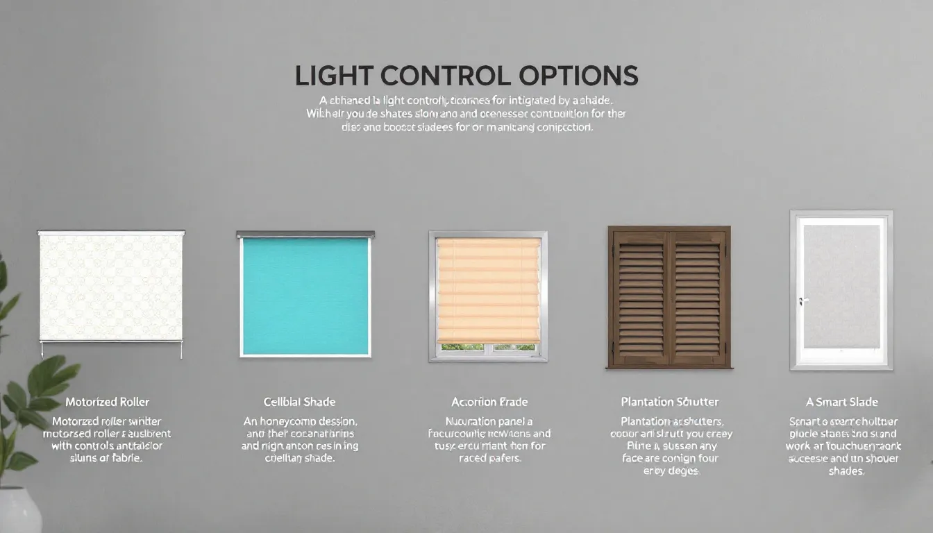 Different light control options for shades displayed in a home setting.