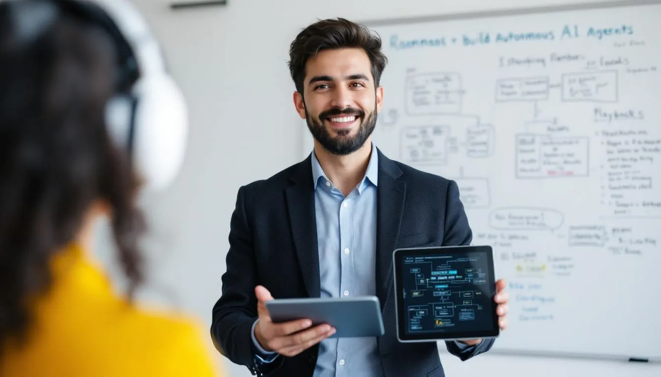 The image depicts a strategic playbook for startups focused on integrating autonomous AI agents into their business processes. It highlights the role of agentic AI solutions in enhancing efficiency, customer engagement, and revenue growth while minimizing human oversight in complex workflows.