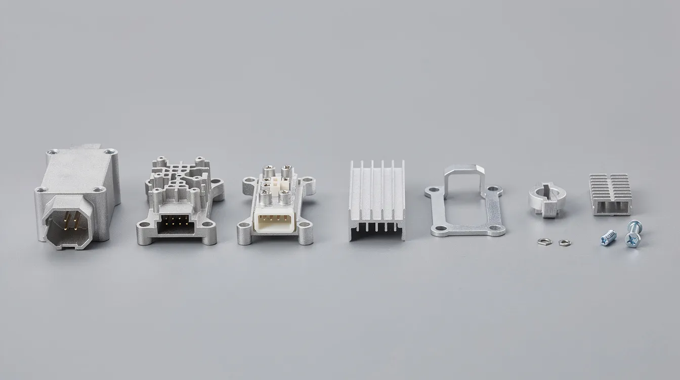 The image features a collection of small precision die cast components made of zinc and aluminum, including electronic housings and connectors, showcasing their smooth surface finishes and excellent dimensional accuracy. These parts are indicative of the high pressure die casting process, which allows for the production of complex shapes with tight tolerances and high volume efficiency.