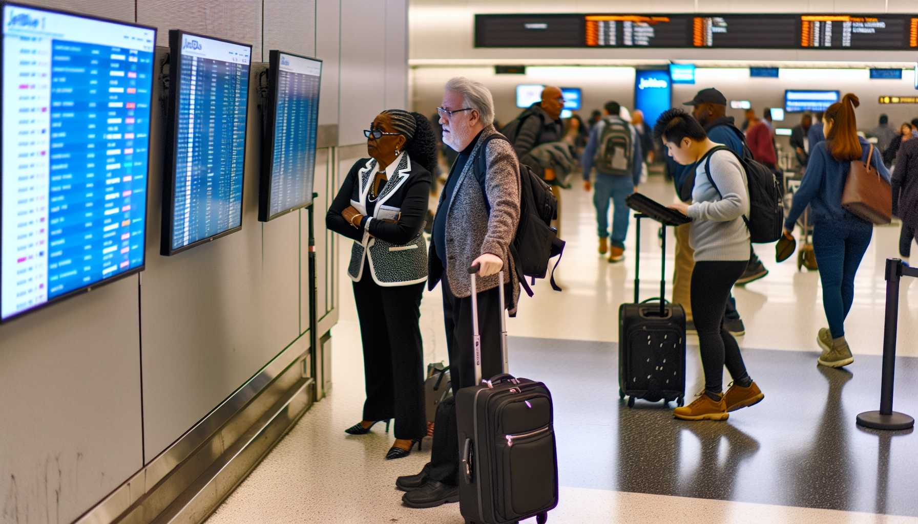 JetBlue passengers checking flight status at LaGuardia Airport