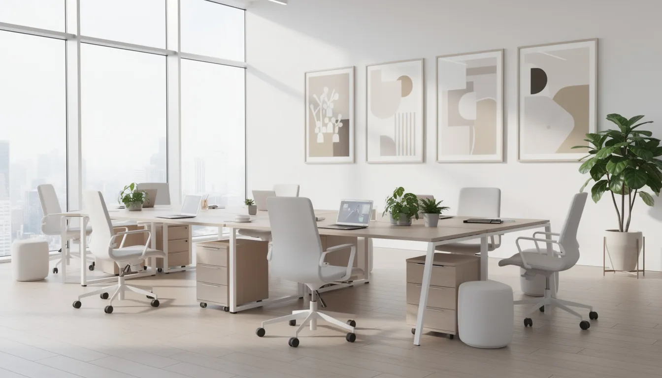 Ett modernt öppet kontorslandskap med stilrena tavlor på väggarna som speglar företagets värderingar. Det naturliga ljuset strömmar in och skapar en inspirerande arbetsmiljö för de anställda.