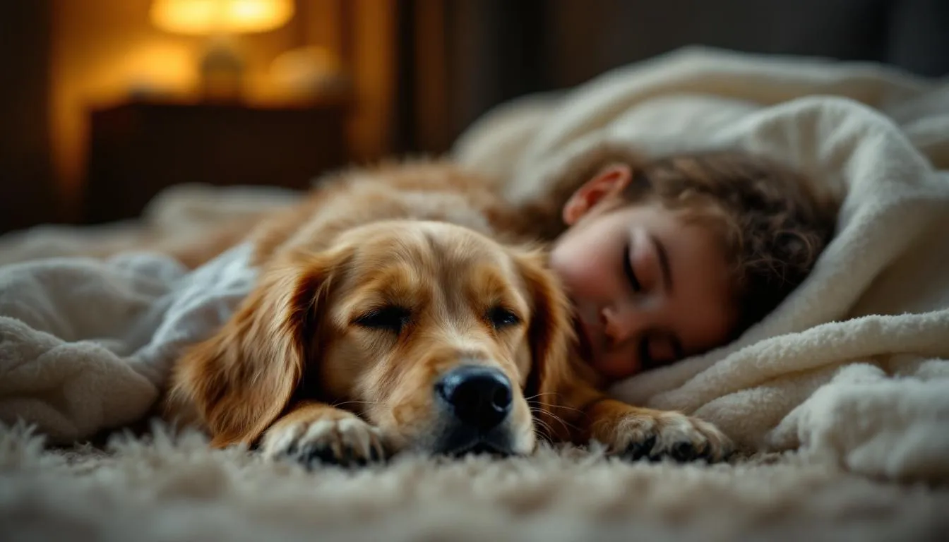 A miniature golden retriever lies peacefully beside a sleeping child, showcasing its affectionate nature and gentle temperament. The scene captures the bond between the mini golden retriever and the child, highlighting the joy and comfort these purebred dogs bring to families.