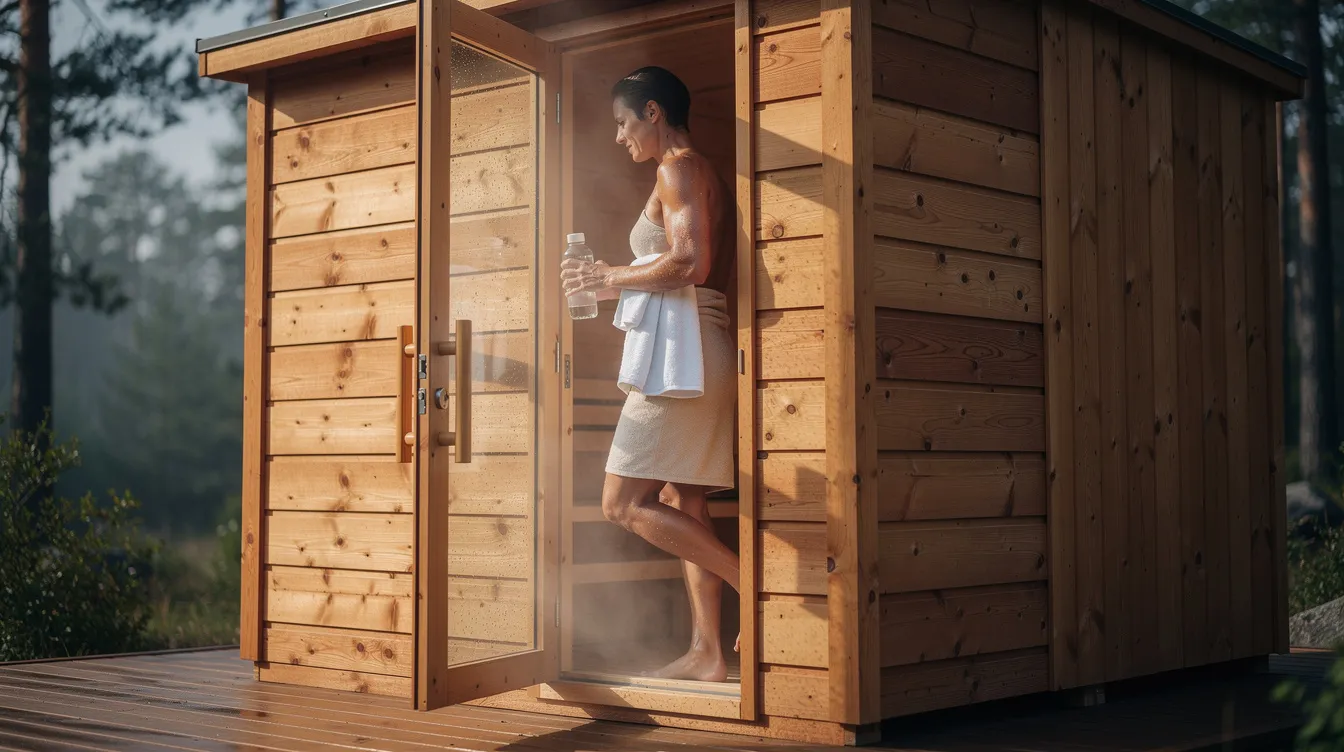 A person steps out of a wooden sauna cabin, holding a water bottle in one hand and a towel in the other, highlighting the importance of hydration during sauna sessions. This scene emphasizes the health benefits of combining sauna use with intermittent fasting, promoting weight loss and enhancing metabolic health.