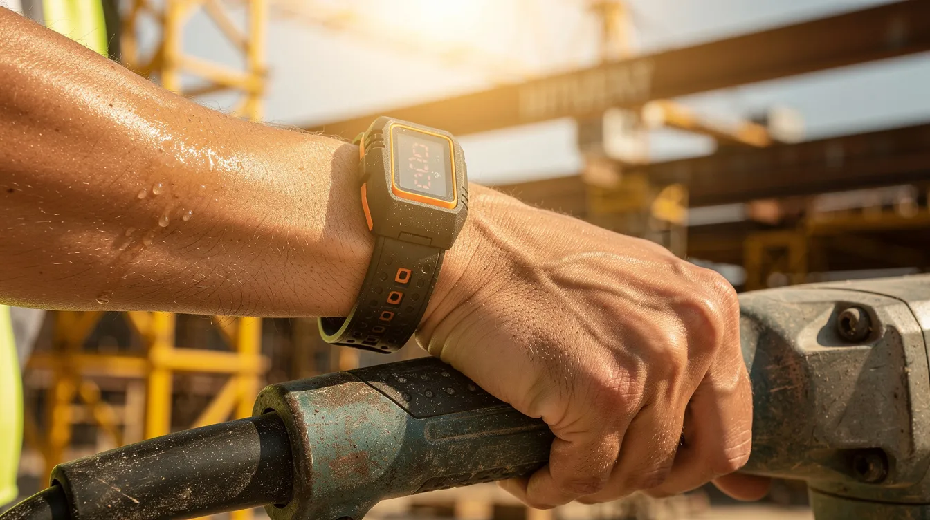 A close-up image shows a worker's wrist adorned with a sensor band while gripping a tool on a hot construction site, highlighting the importance of monitoring heat exposure to prevent heat-related illnesses. The scene emphasizes the need for personal protective equipment and frequent rest breaks to reduce heat stress in extreme heat conditions.