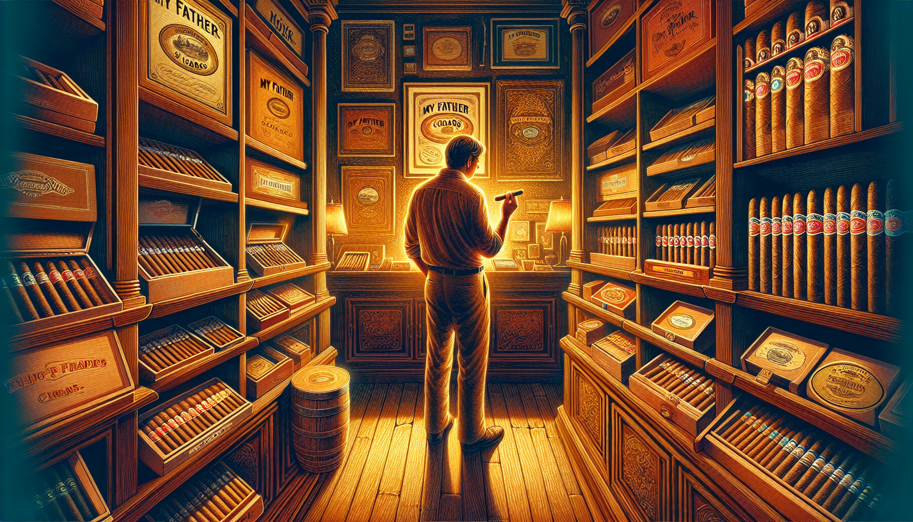 A person selecting cigars from a cigar shop, focusing on My Father Cigars.