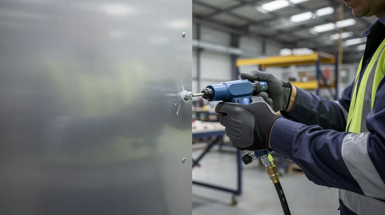A technician is using a pneumatic rivet gun to install a blind rivet into a metal enclosure panel, which has pre-drilled holes, in a factory setting. The process demonstrates a simple yet effective application for securing metal components in automotive projects.