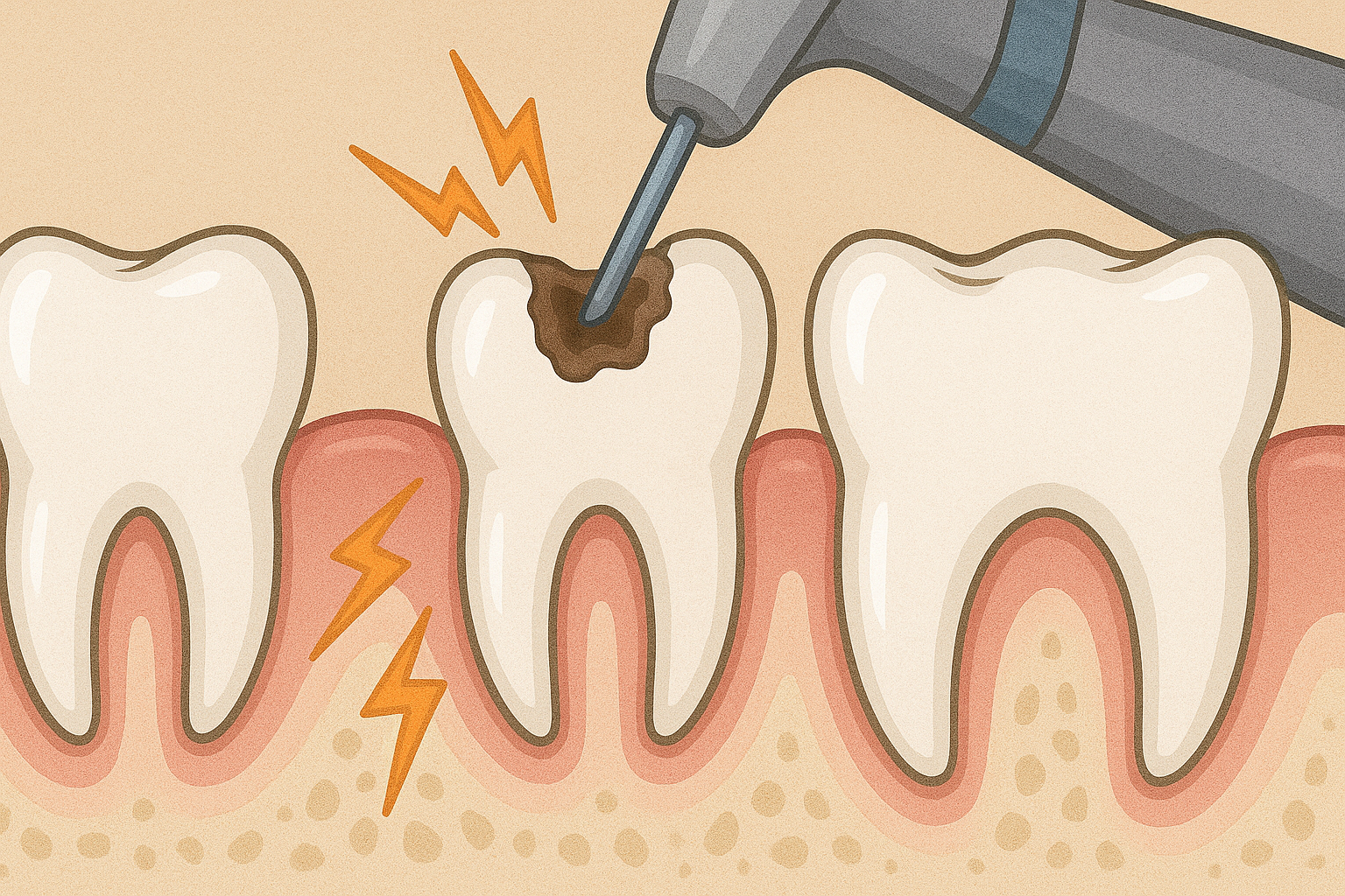 Vondt i Tann Etter Boring? Det Skal Ikke Være Slik 12 Illustrasjon av tannboring på hullfylt tann med synlig smertereaksjon, omgitt av friske tenner og betent tannkjøtt.