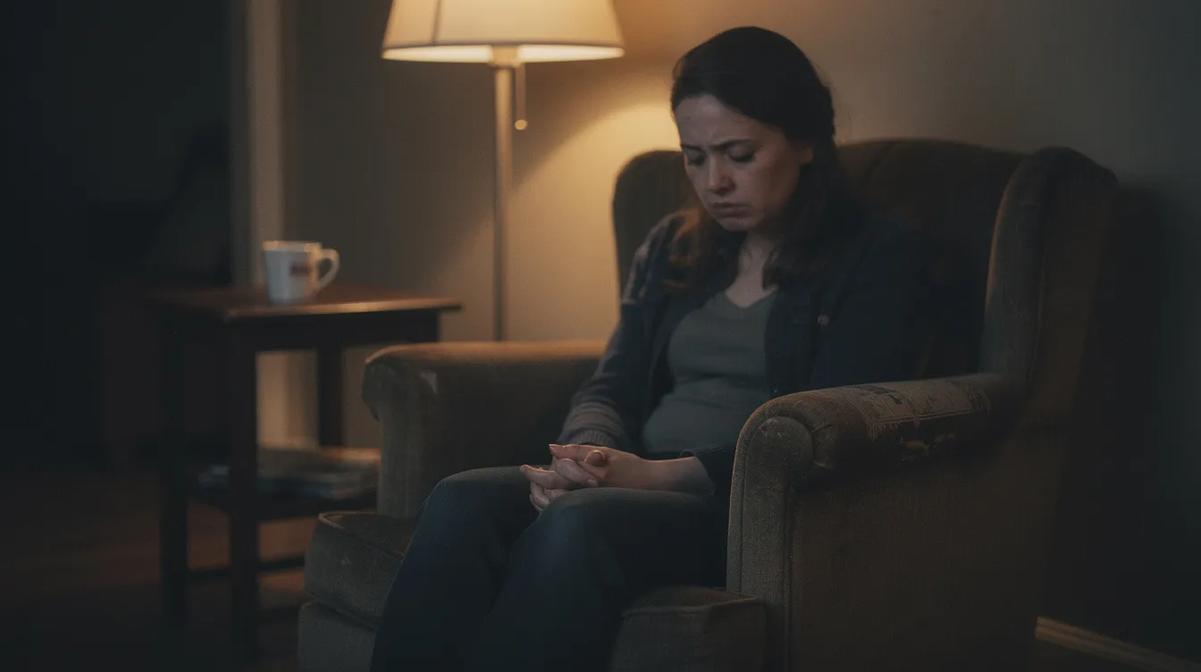 A woman sits alone in a dimly lit room, her expression reflecting pensive fatigue, possibly indicative of depressive symptoms associated with bipolar disorder. The atmosphere suggests a moment of introspection, highlighting the emotional struggles faced by those dealing with mental health conditions.