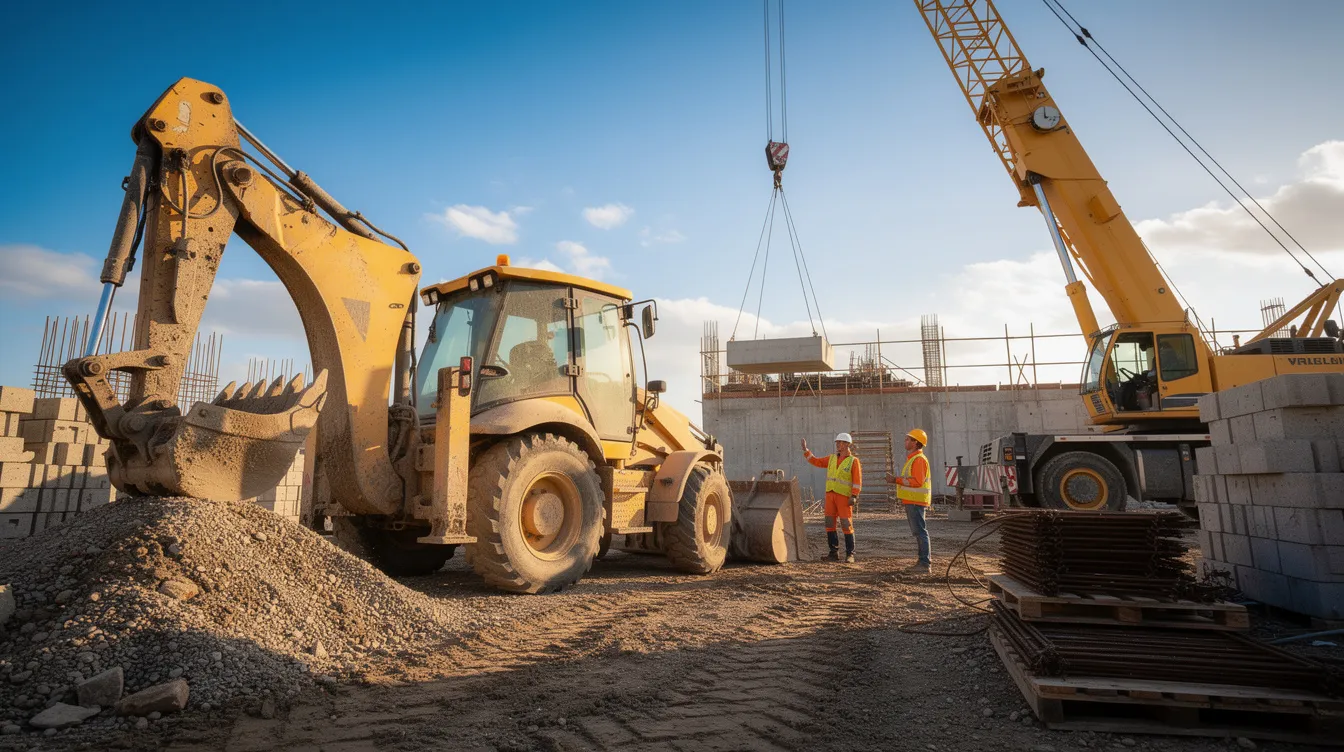 The image depicts heavy construction machinery, including an excavator and a crane, at a construction site in Houston. This busy environment highlights the potential hazards workers face, emphasizing the importance of safety measures to prevent accidents in construction.