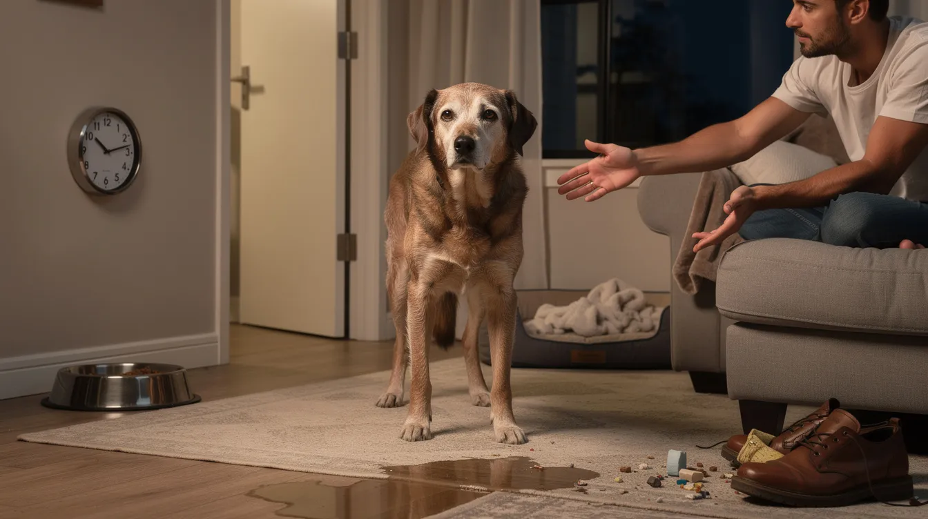 The image depicts an aging senior dog sitting in a cozy living room, surrounded by familiar toys and a comforting environment, illustrating the signs of dog dementia. This scene highlights the importance of brain health and cognitive function in senior pets as they experience changes associated with canine cognitive dysfunction.