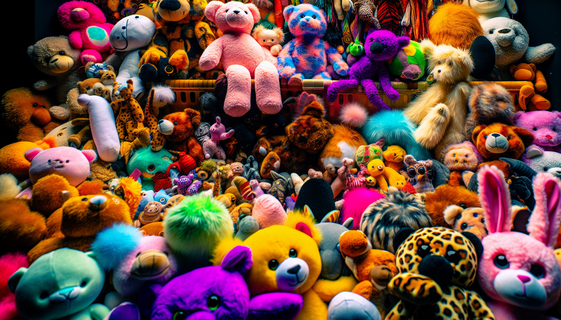 Various plush toys in different shapes and sizes