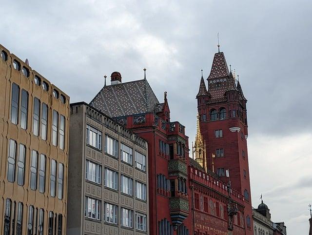basel, switzerland, town hall, basel town hall, marketplace, historic center, architecture, historical architecture, brick facade, tower, cityscape, skyline, europe, sightseeing, landmark, cultural city, city trip, city center, urban, facade, window, roof, tile roof, medieval, story