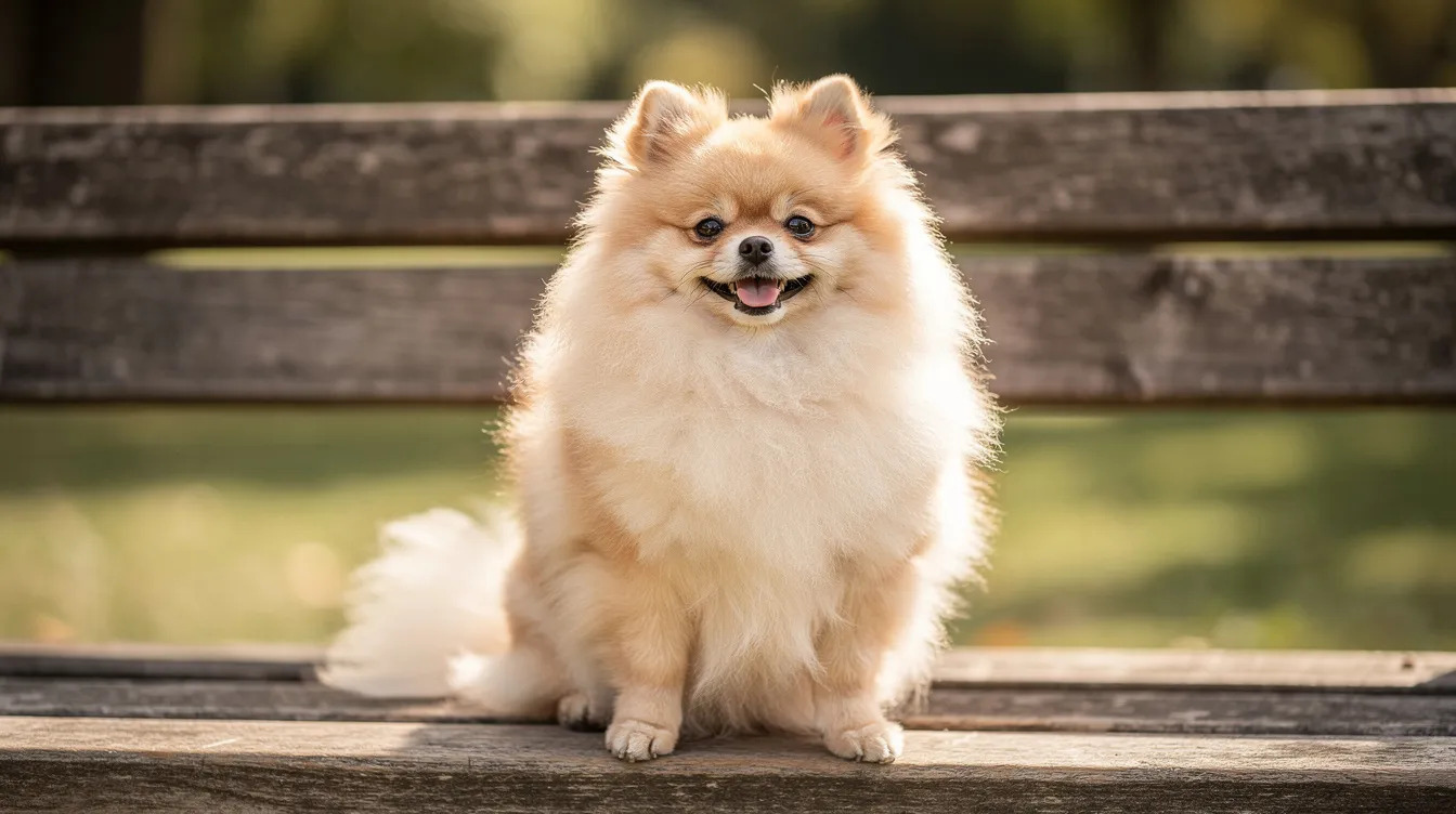 A cream-colored Pomeranian, a popular toy dog breed, is sitting on a wooden bench, displaying its fluffy double coat and curled tail. The small dog exudes a perky demeanor, making it an ideal companion for apartment living.