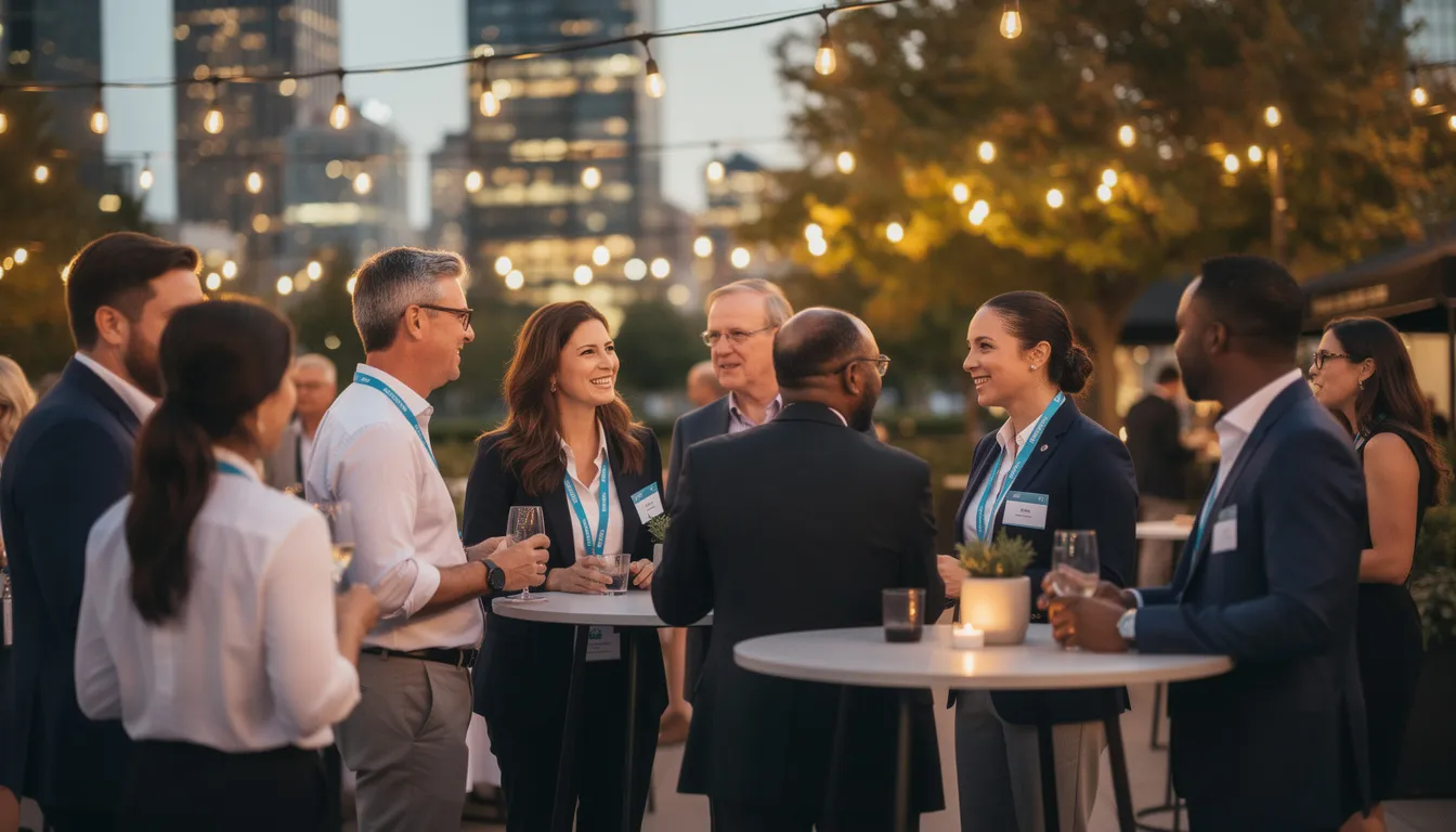 A diverse group of professionals and entrepreneurs engage in lively conversations at an outdoor networking event in Miami, illuminated by string lights. The scene captures the essence of meaningful connections and opportunities for growth among locals from various industries.