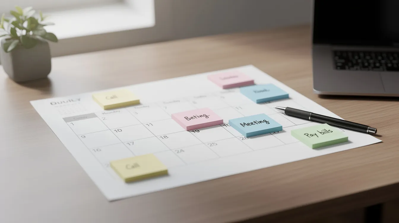 The image shows a calendar placed on a desk, adorned with colorful sticky notes that highlight important reminder dates for local businesses and services. This setup provides users with a visual organization tool to keep track of essential information and deadlines.