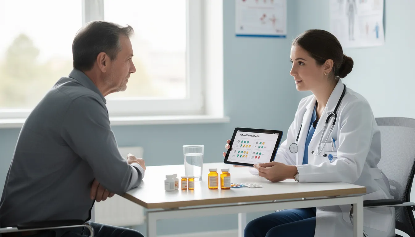 A medical professional is seated across from a patient, discussing various medication options for treating substance use disorder. The consultation emphasizes the importance of a tailored treatment plan that may include individual therapy sessions and group counseling to address the patient's specific mental health needs and improve coping skills.