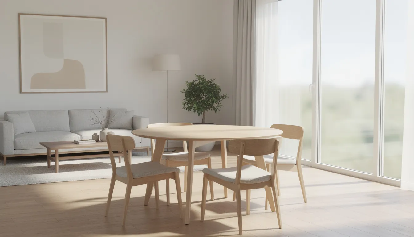 Een ronde houten eettafel voor zes personen staat centraal in een lichte woonkamer met grote ramen, omringd door zes comfortabele stoelen. De gezellige sfeer van de ruimte wordt versterkt door het gebruik van gerecycled hout, wat een mooie patina aan de tafel geeft.
