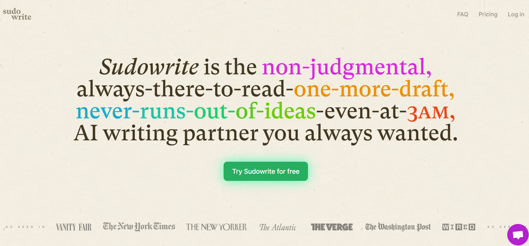 Sudwrite homepage, an online writing tool. 