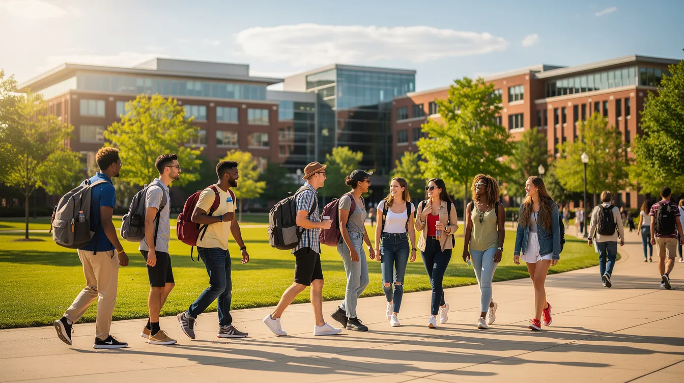 A group of diverse college students carrying backpacks strolls across a sunny university campus, embodying the vibrant life of student culture. This image captures the essence of academic life, reminding students to review their health insurance coverage and ensure they are prepared for any unexpected medical expenses as they navigate their summer plans.
