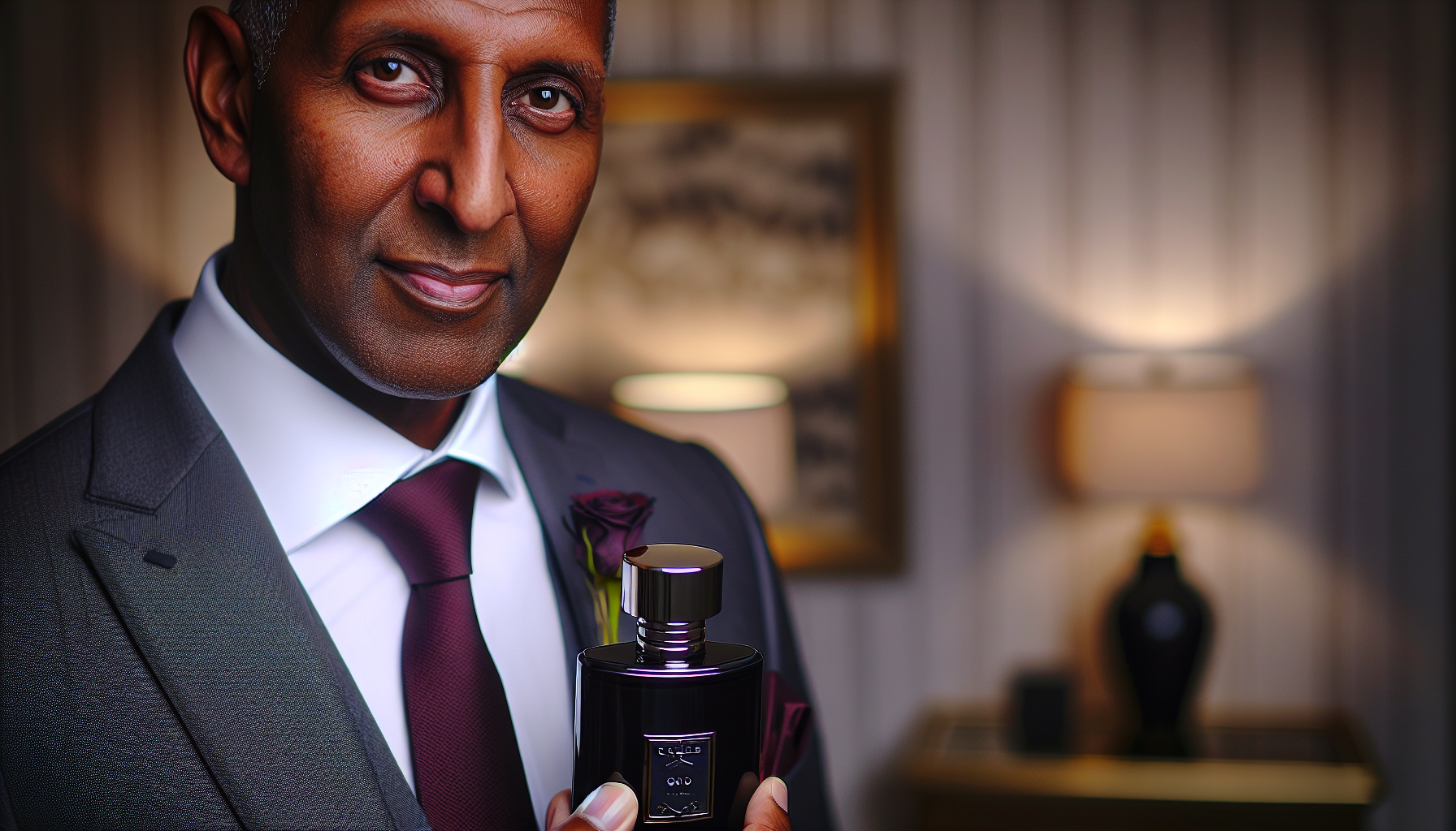 A person wearing a sophisticated attire holding a bottle of Creed Royal Oud